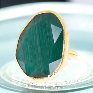 GREEN CAT EYE STONE RING NEW ADJUSTABLE 18K GOLD PLATED
